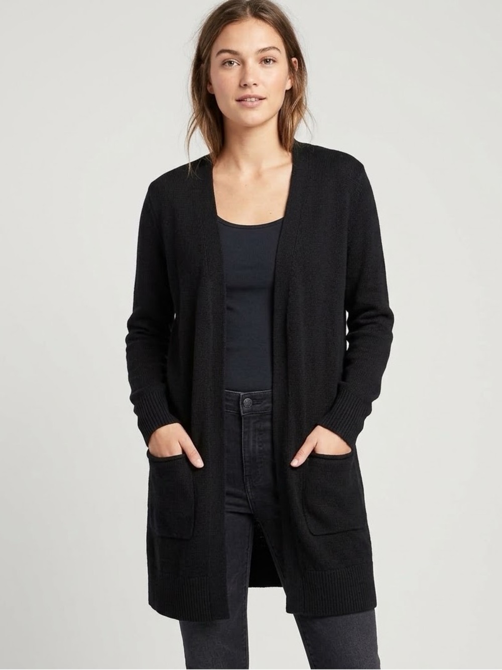 Old Navy Long-Line Open-Front Cardigan Knit Sweater Tunic Outerwear Patch